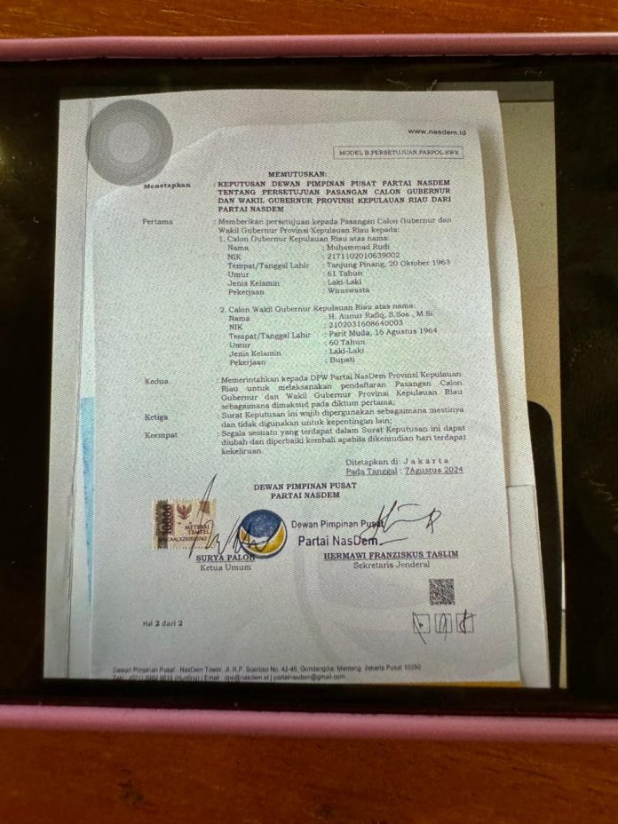 Dewan Pimpinan Pusat (DPP) Partai Nasional Demokrat (Nasdem) merekomendasikan Ketua DPW Nasdem Kepri, Muhammad Rudi sebagai Calon Gubernur Kepri. Dan Bupati Karimun, Aunur Rafiq sebagai Calon Wakil Gubernur Kepri. (ISTIMEWA)