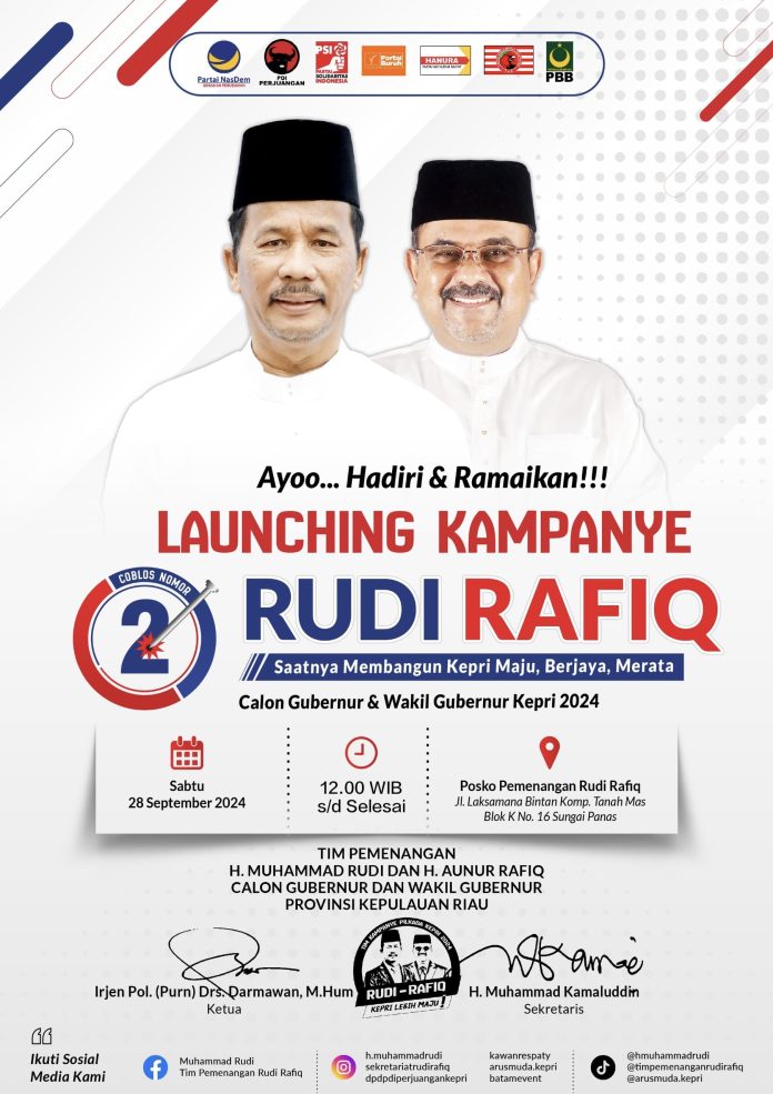 Memasuki masa kampanye, Pasangan Calon (Paslon) Gubernur dan Wakil Gubernur Provinsi Kepulauan Riau (Kepri) nomor urut 2, H Muhammad Rudi dan H Aunur Rafiq (Rudi-Rafiq), akan memulai masa kampanye perdana bersama masyarakat Kepri di Kota Batam pada Sabtu (28/9/2024). (IST)