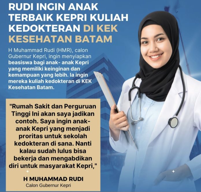 Calon Gubernur Kepri H Muhammad Rudi ingin menyiapkan beasiswa bagi anak-anak Kepri terbaik untuk sekolah di kampus terbaik, terutama kuliah kedokteran di Kawasan Ekonomi Khusus (KEK) Kesehatan di Batam yang bertaraf Internasional. (IST)