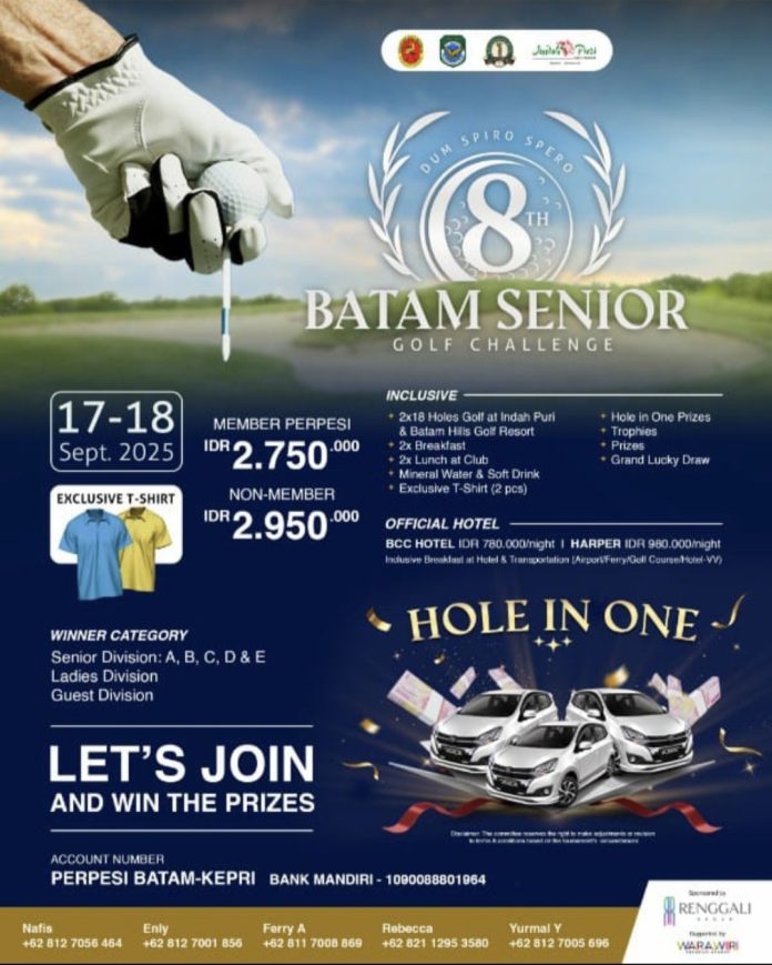 Perpesi Batam-Kepri akan menggelar turnamen tahunan 8th Batam Senior Challenge pada tanggal 17–18 September 2025 di Indah Puri Golf Resort dan Batam Hills Golf Resort. (Istimewa)