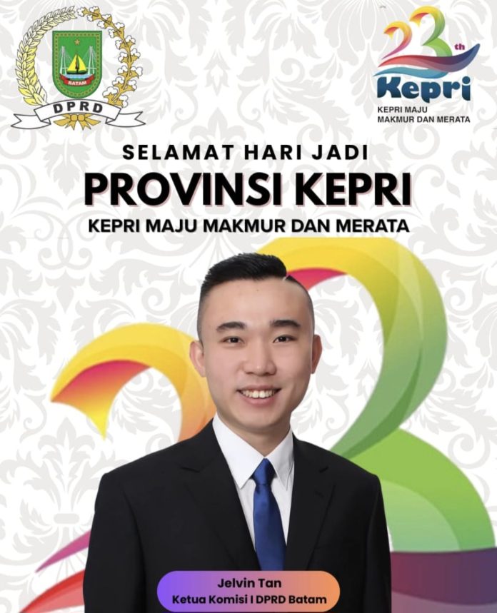 Ketua Komisi I DPRD Batam, Jelvin Tan, menyampaikan ucapan selamat Hari Jadi ke-23 Provinsi Kepulauan Riau (Kepri). (Istimewa)