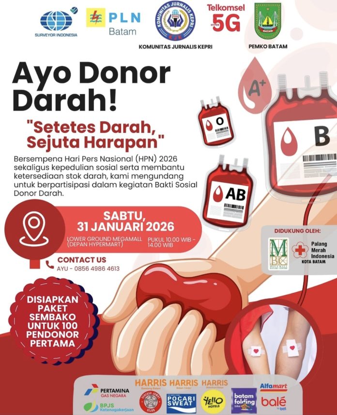 Dalam rangka HPN 2026, KJK bersama PMI Kota Batam menggelar bakti sosial donor darah bertempat di Mega Mall, Batam Center, Sabtu (31/1/2026). (Ilustrasi)