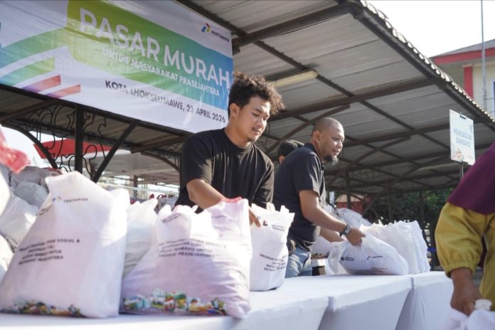 Pertamina melalui Integrated Terminal (IT) Lhokseumawe melaksanakan kegiatan Pasar Murah di Lapangan Parkir IT Lhokseumawe, Desa Hagu Teungoh, Kecamatan Banda Sakti, Kota Lhokseumawe, Kamis (23/4/026). (Istimewa)