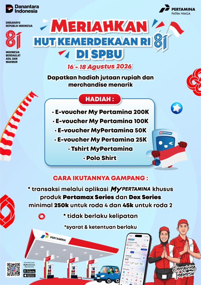 Memperingati HUT ke-81 RI, PT Pertamina hadirkan program apresiasi pelanggan di SPBU melalui Promo Tarik Benang dan Aktivasi Tebus Murah. (Istimewa)