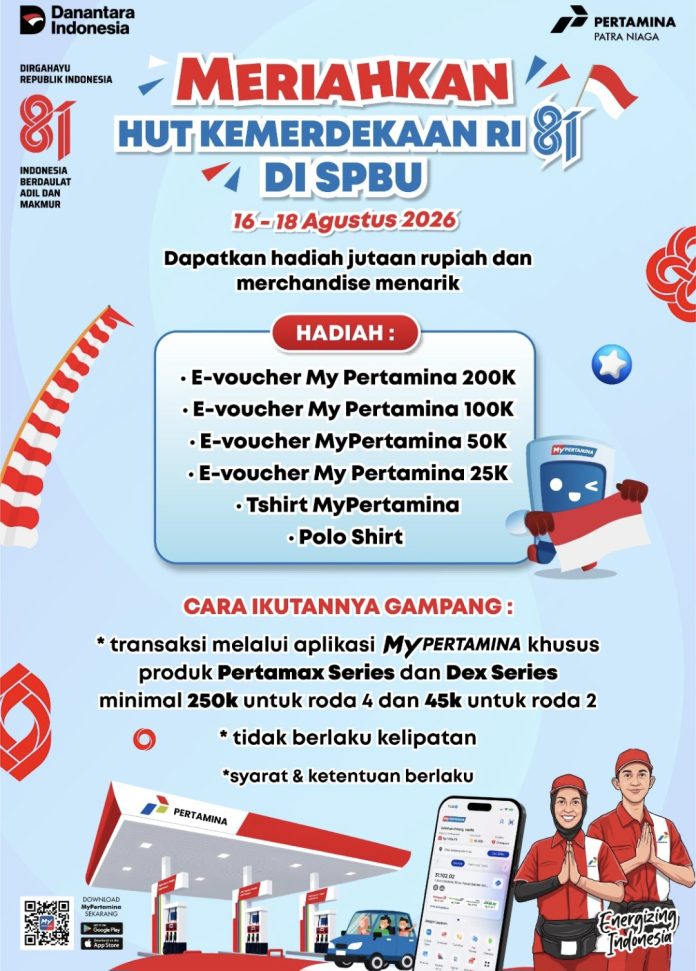 Menyemarakkan HUT ke-81 RI, PT Pertamina Patra Niaga Regional Sumbagut hadirkan program MyPertamina Berbagi Hadiah Kemerdekaan. (Istimewa)