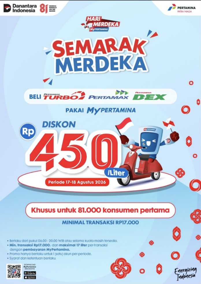 Memeriahkan HUT ke-81 Kemerdekaan RI Pertamina hadirkan program Semarak Merdeka MyPertamina berupa potongan harga Rp450 per liter untuk pembelian Pertamax Turbo, Pertamax, dan Pertamina Dex melalui aplikasi MyPertamina. (Istimewa)