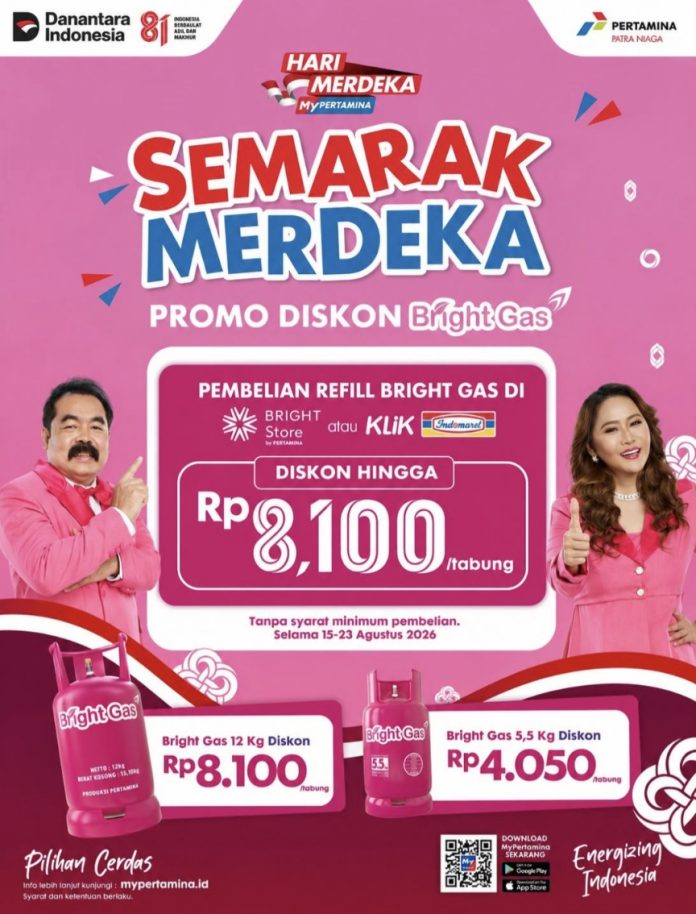 Semarakan HUT ke-81 RI, Pertamina hadirkan program Semarak Merdeka, berupa promo pembelian isi ulang Bright Gas melalui Klik Indomaret. (Istimewa)