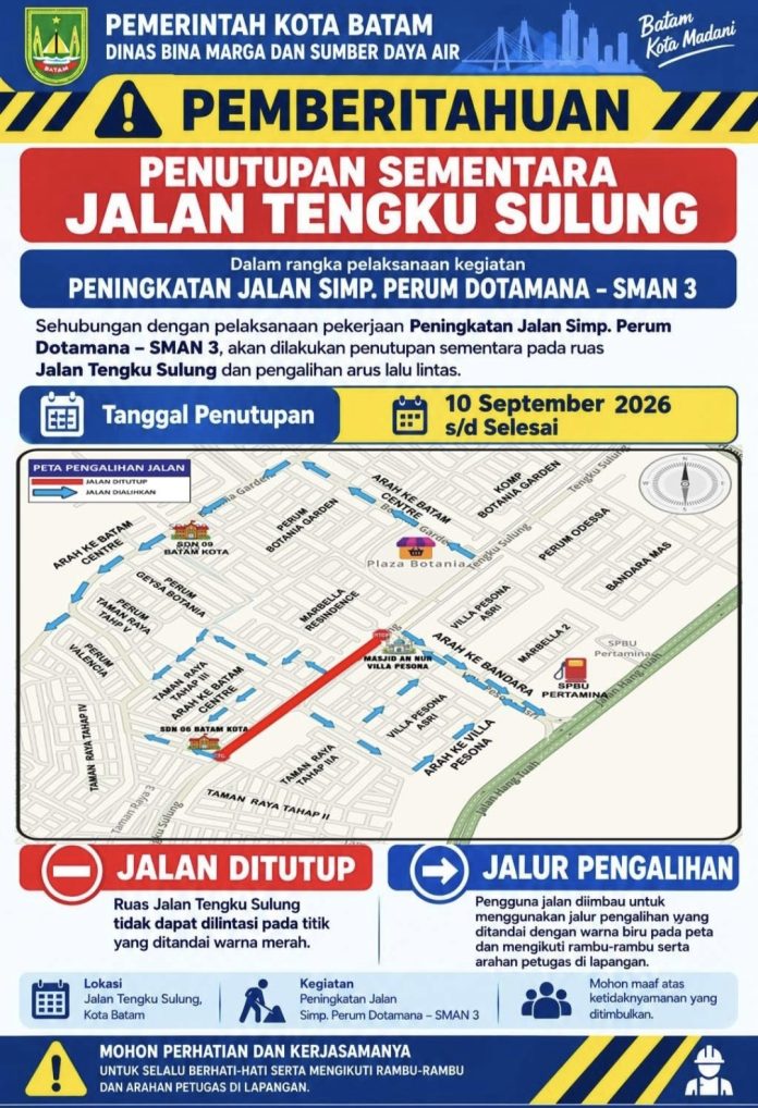 Dinas BMSDA akan melakukan penutupan sementara ruas Jalan Tengku Sulung mulai 10 September 2026 hingga pekerjaan selesai. (Istimewa)