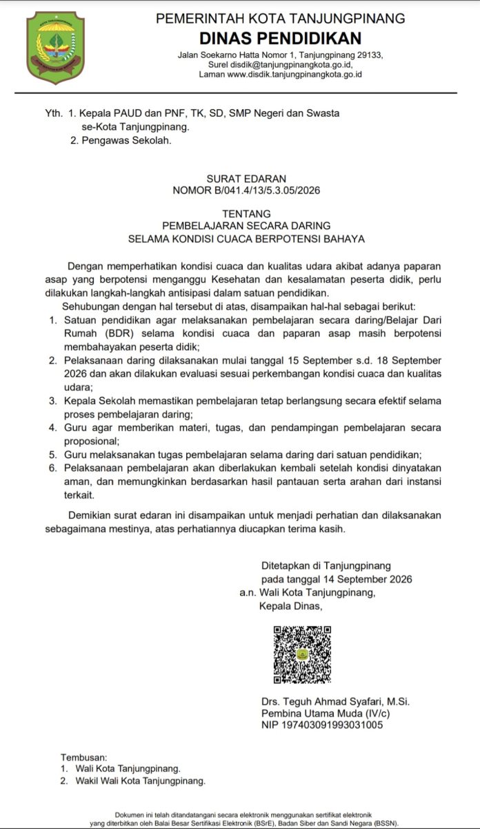 Disdik Provinsi Kepri meminta seluruh satuan pendidikan jenjang SMA, SMK, dan SLB di Kepri melaksanakan Belajar Dari Rumah (BDR). (Istimewa)